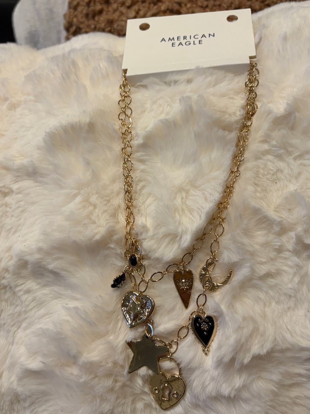 American Eagle Outfitters Gold Multi-Charm Layered Necklace with Black Accents